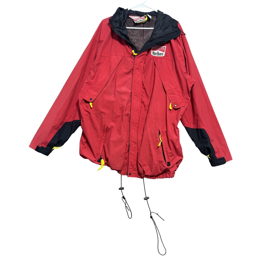 Vintage Marlboro Adventure Team Jacket Mens XL Red Hooded Nylon Windbreaker‎ 90s